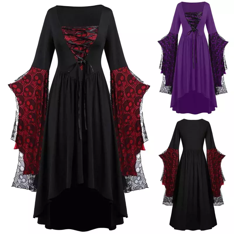 女性のためのゴシックプリントvampireゴーストドレス,ヴィンテージコスプレ衣装,ハロウィーンの服,赤,ハロウィーンのイブニングドレス