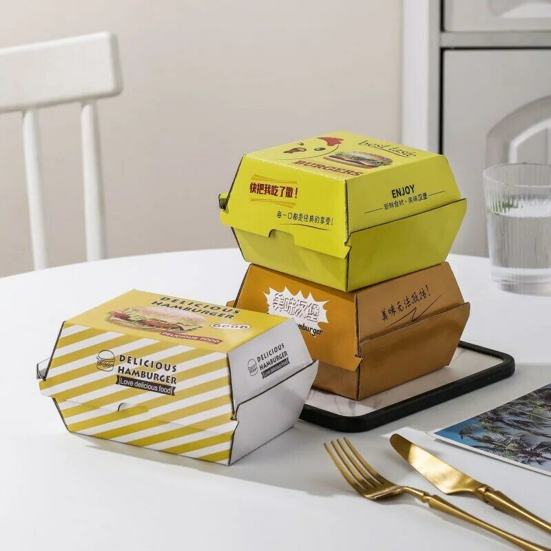 Kustom product100 % makanan kelas to-go wadah tahan air kertas burger kotak aluminium foil dilaminasi dengan pegangan