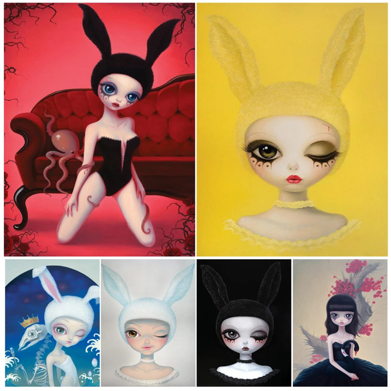 Affiches de dessin animé oreilles de lapin Horrible Girl, peinture sur toile, art mural nordique, sans cadre, salon