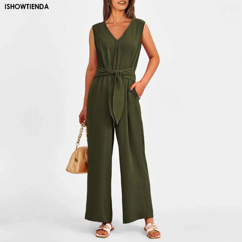 Fashion Belted Jumpsuits Women Casual Sleeveless Round Neck Draped Long Rompers Summer Streetwear Wide Leg Pant Overalls