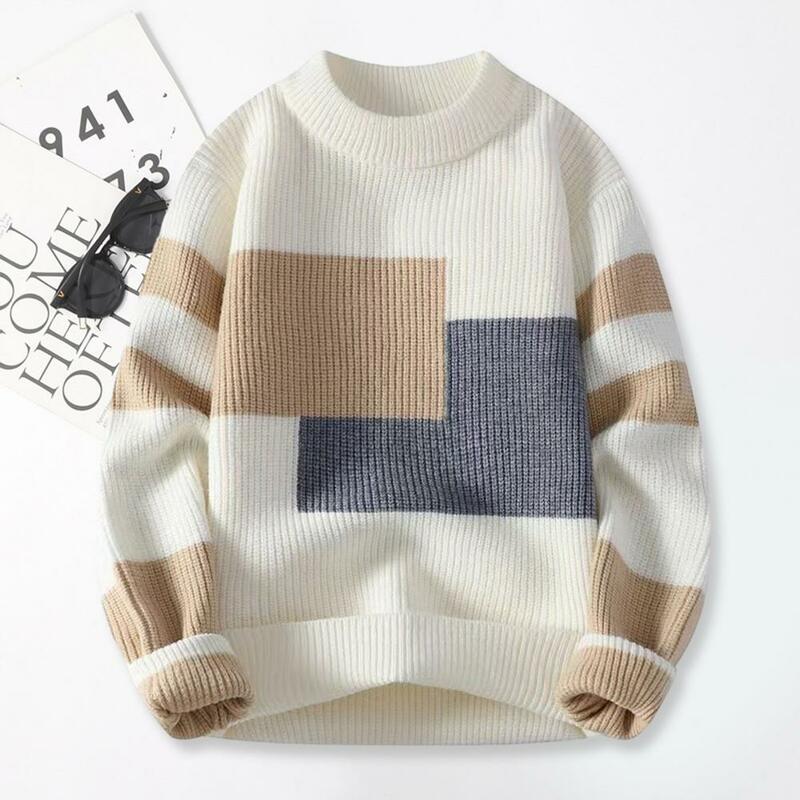 Long Sleeve Sweater Colorblock Knitted Men's Sweater for Fall Winter Thick Warm O Neck Pullover with Long Sleeve Soft Elastic