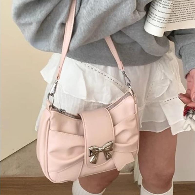 Xiuya Pink Bow Womens Shoulder Bag Korean Fashion College Style Elegant Handbag Square Pleated Sweet Casual Leather Armpit Bag