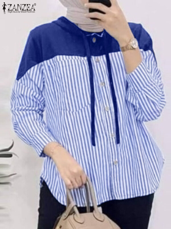 ZANZEA-Blusa listrada de manga comprida para mulheres, camisa com botões, patchwork casual, blusas ramadã, tops muçulmanos, moletons da moda, outono