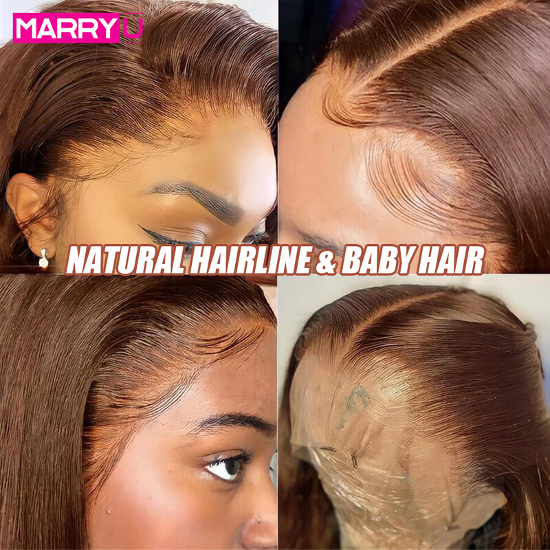 MARRYU-Peluca de cabello humano liso de 13x4, postizo de encaje Frontal, color marrón Chocolate, HD, Malasia