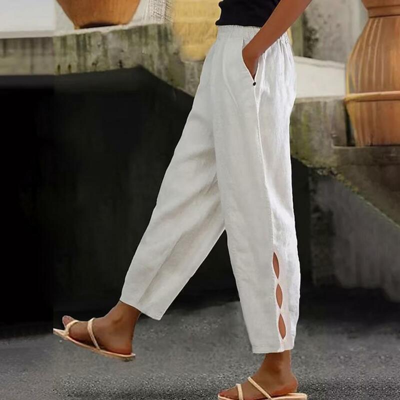 Spodnie damskie w jednolitym kolorze Stylowe damskie spodnie letnie z elastyczną talią Luźny krój z bocznymi wycięciami do streetwearu