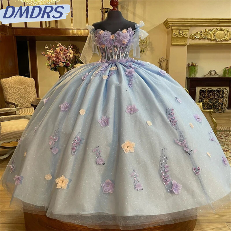 Urocza błyszcząca suknia balowa bez rękawów elegancka aplikacja Quinceanera 2024 klasyczna aplikacja 3D kwiatowa słodka sukienka 16