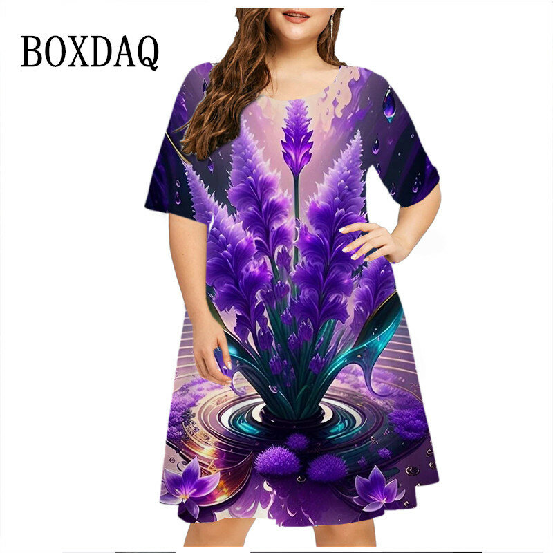 Robe d'été à imprimé floral violet pour femmes, grande taille, vêtements décontractés, manches courtes, mini robe d'été pour dames, 6XL