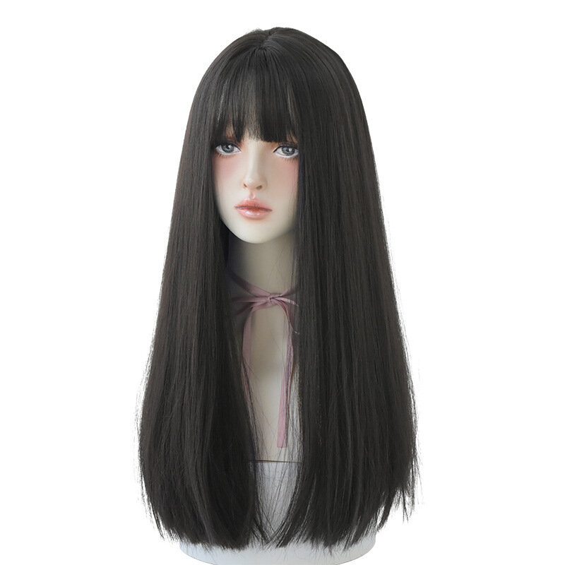 Wig rambut panjang wanita, penutup kepala hitam panjang lurus alami poni udara penuh Wig realistis