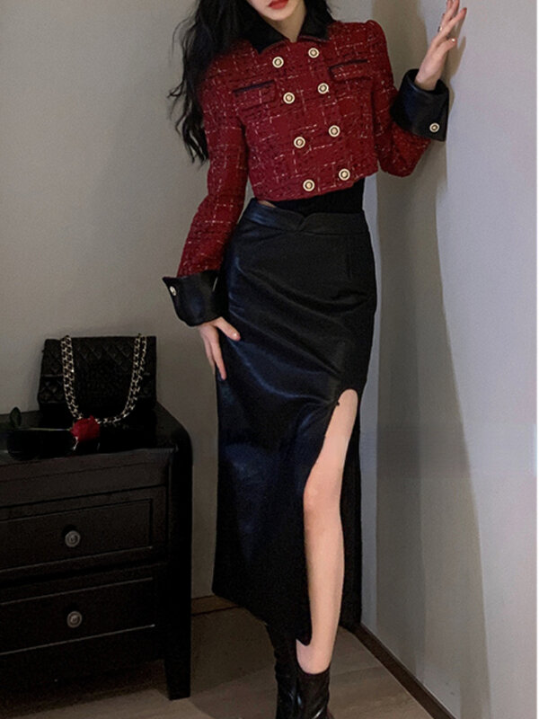 Conjunto de dos piezas de falda de cuero para mujer, abrigo corto y falda dividida, moda coreana, diseñador Vintage, invierno, 2022