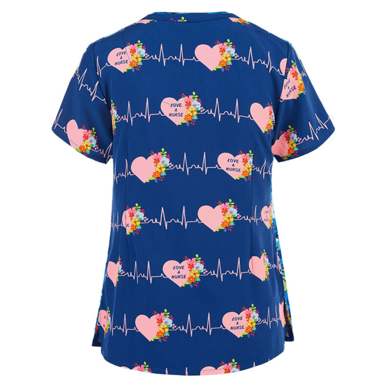 Camisetas de amor para mujer, camisa de manga corta con cuello en V, estampado elástico, uniforme médico de enfermería, Tops con bolsillo, ropa nueva, 2024