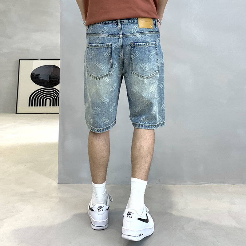 Shorts jeans soltos estampados para homens, shorts personalizados, moda de rua alta, estilo coreano, verão, novo