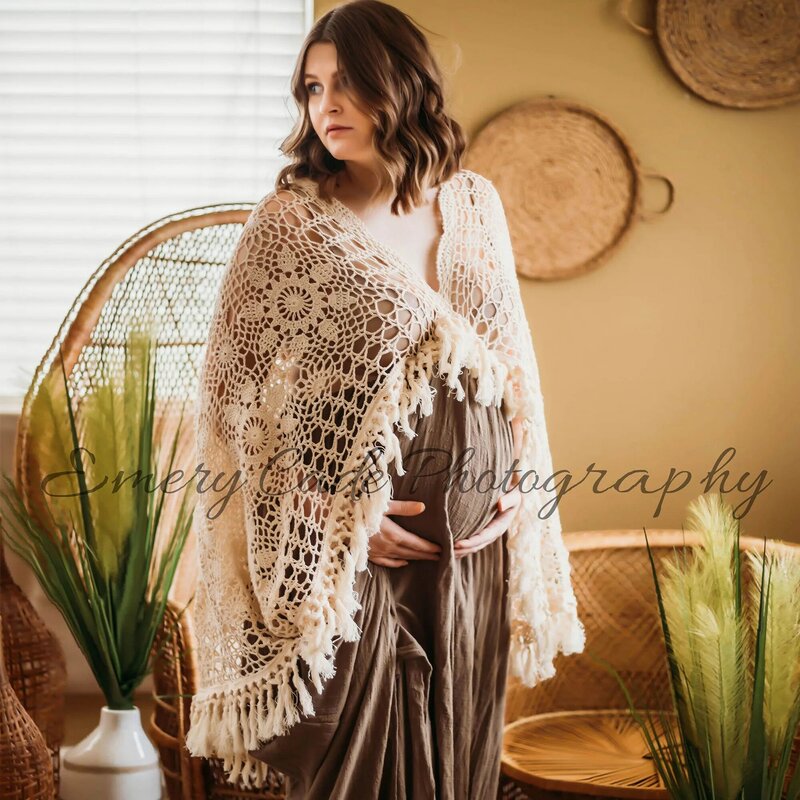 Don&Judy Boho Maternity Photography Dress Crocheted Cotton Shawl Pregnant Woman Babyshower Photo Shooting Props Party Beach Gown