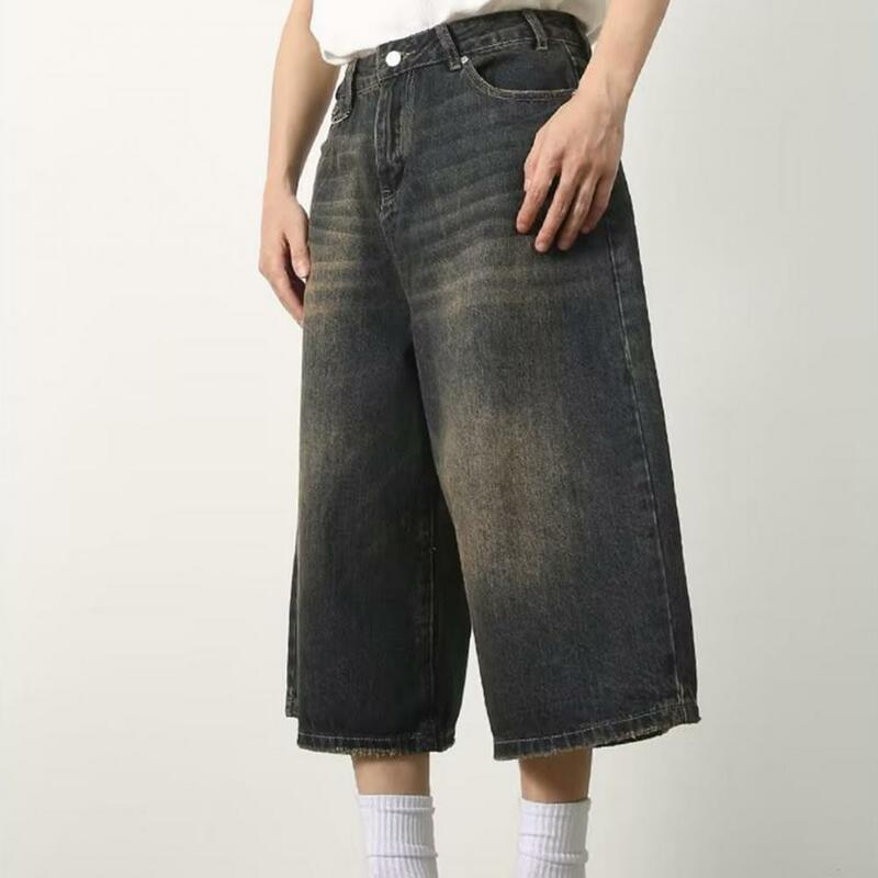 Jean court taille moyenne pour homme avec fermeture à glissière à bouton, jambe large, document nickel é, streetwear d'été