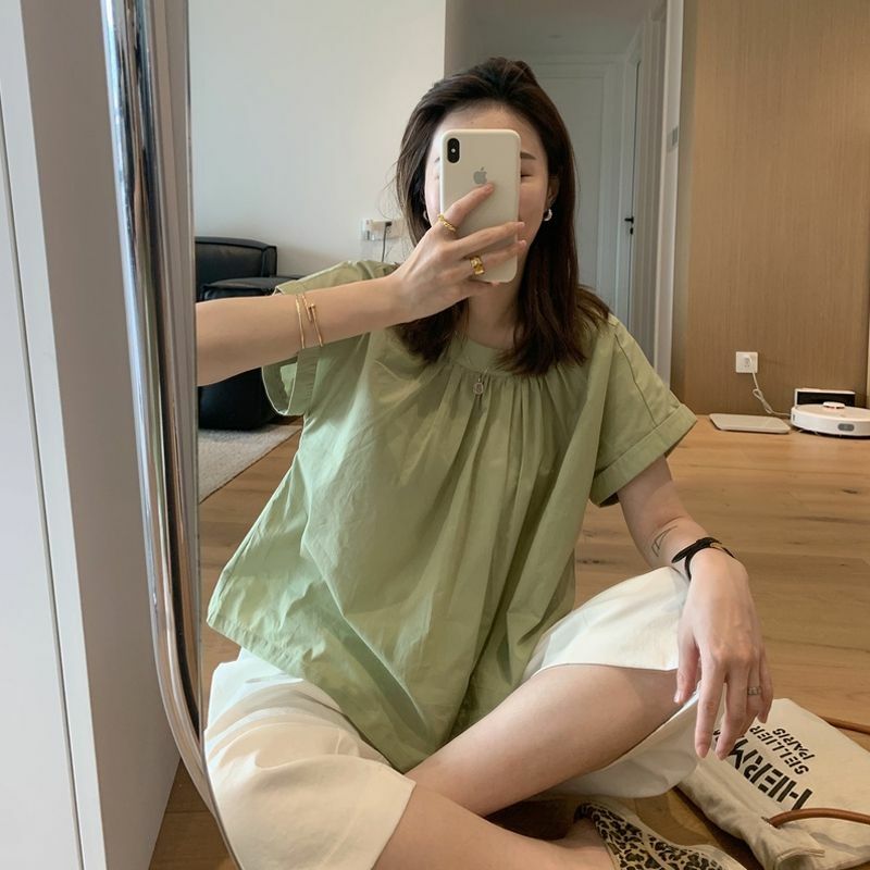 Casualowa składana stylowa luźna bluzka na lato cienka z krótkim rękawem odzież damska dojeżdża do pracy w jednolitym kolorze, dopasowana koreańska koszula z okrągłym dekoltem