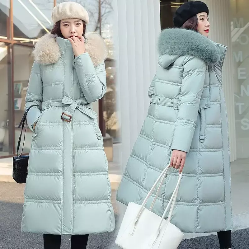 2024 Winter New Down Cotton Parkas Jacket Women's X-Long Faux Fur Collar Padded Jacket Thick Loose Large Size Padded Jacket