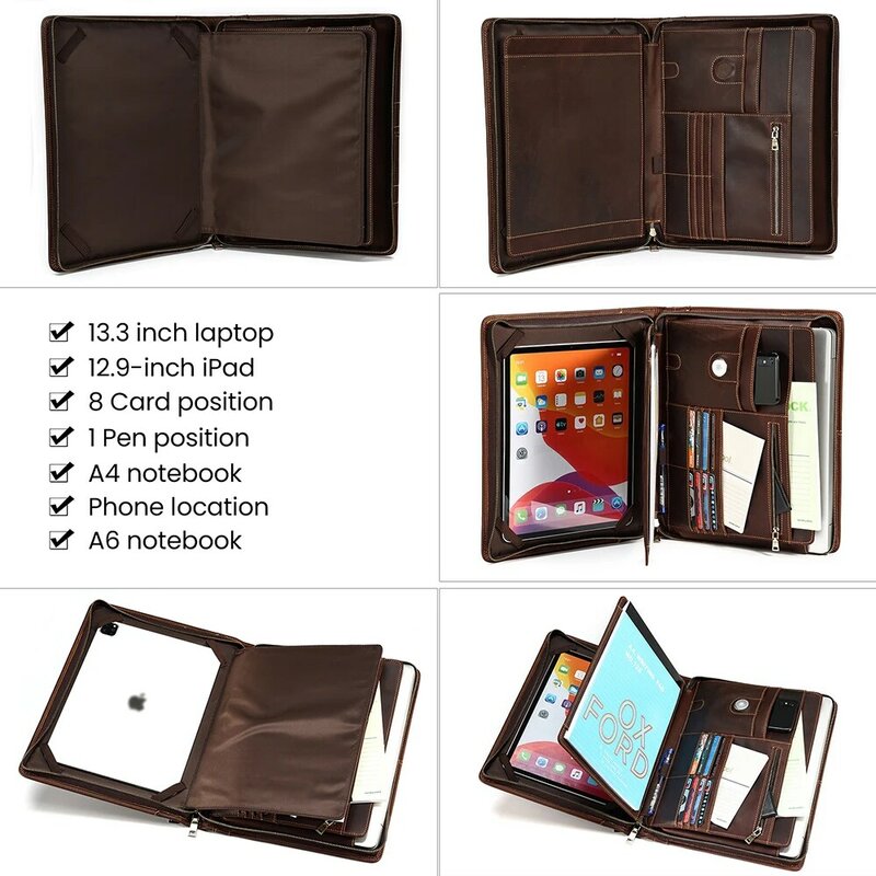 JOGUJOS Genuine Leather Men Portable Briefcase Portfolio 13.3" Laptop for AirTag Tracker for Multifunction Business Document Bag