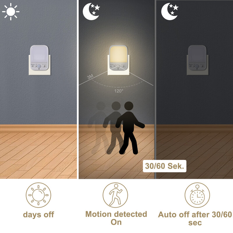 Tomada de luz noturna LED regulável com sensor de movimento, ligar e desligar automático, soquete infantil, interior, 30s, 60s
