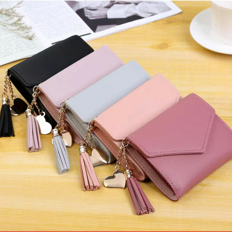 Mini cartera con colgante de borla para mujer, tarjetero fresco, monedero rojo, negro y rosa, carteras de lujo para mujer