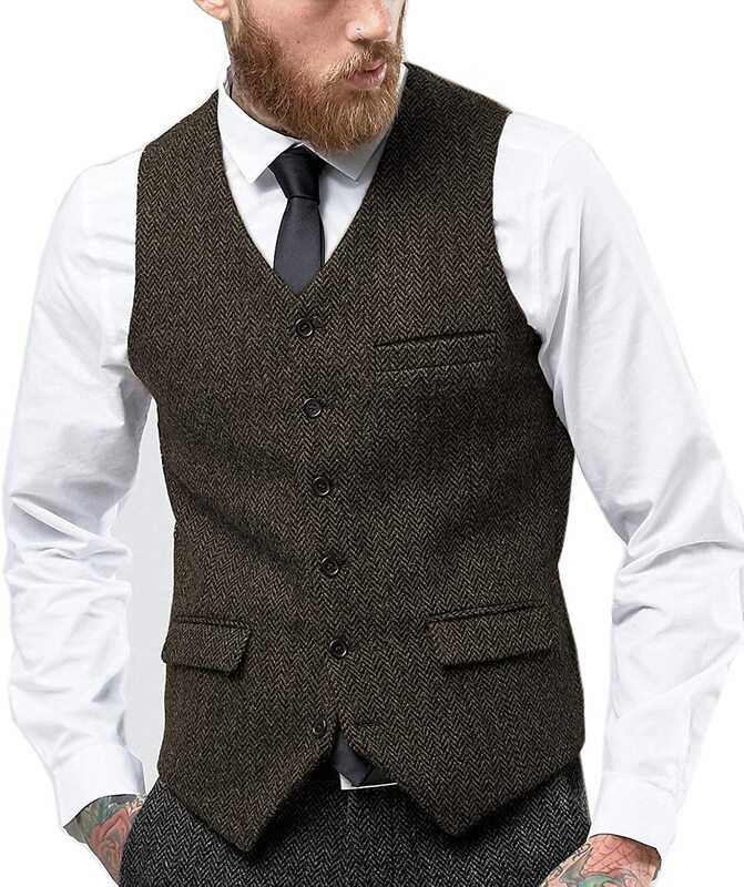 V pescoço colete masculino ajuste fino único breasted herringbone tweed ternos masculinos colete padrinhos para casamento