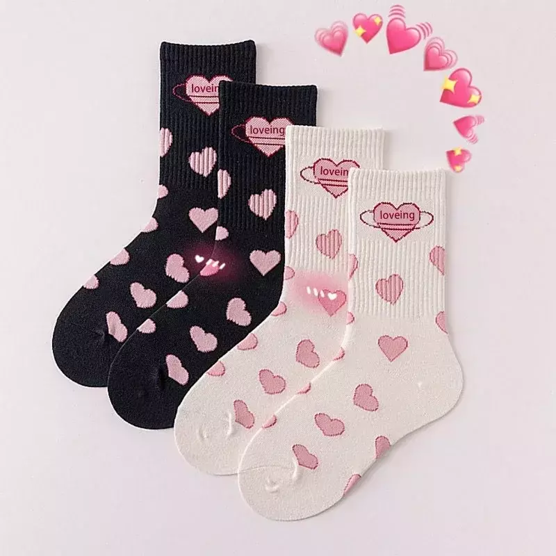 1 Pairs Big Pink Love Black White Mid-tube Sock Cute Students Girls JK Lolita Socks Simple Fashionable Socks Women Kawaii