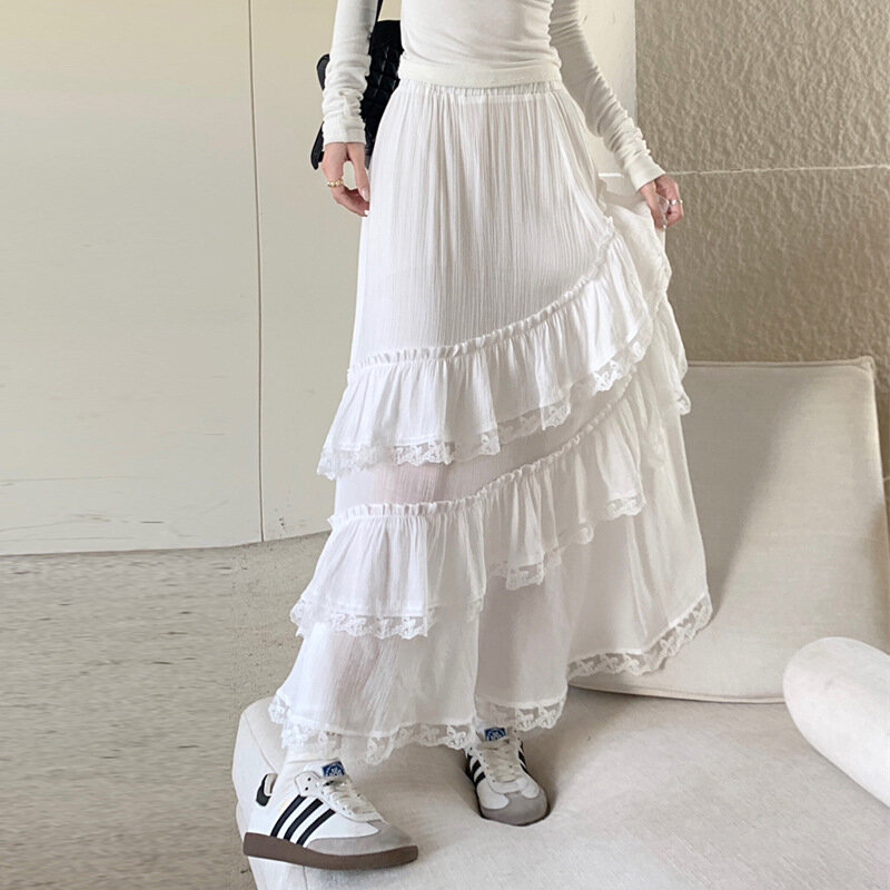 Falda larga de encaje de ganchillo para mujer, faldas plisadas de cintura alta y baja con volantes fruncidos, color blanco y negro, 2024