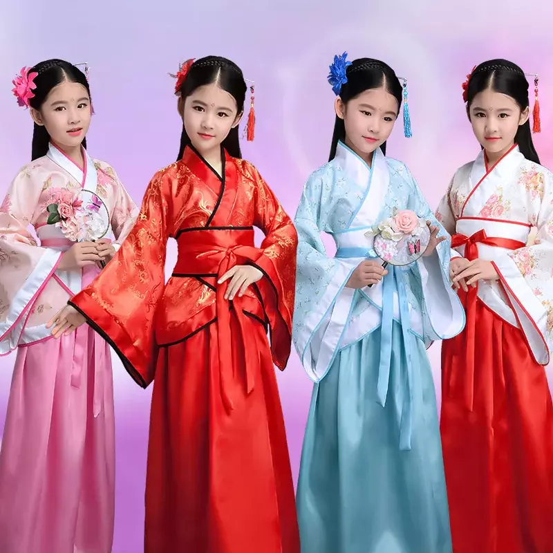 Disfraz de Bata de seda China para niñas y niños, Kimono chino tradicional, Vintage, étnico, abanico, estudiantes, coro, baile, Hanfu
