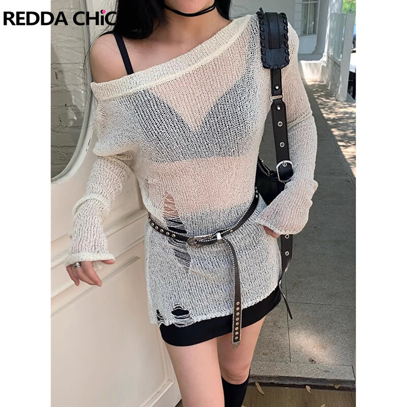 ReddaChic-suéter de punto rasgado para mujer, Top de manga larga, sólido, informal, suelto, transparente, rasgado, estilo coreano