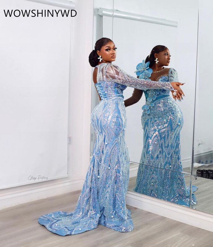 2024 Aso Ebi Sky Blue Mermaid Prom Dresses Beaded Sequined Evening Formal Party Second Engagement Birthday Gowns Dresses ZJ120
