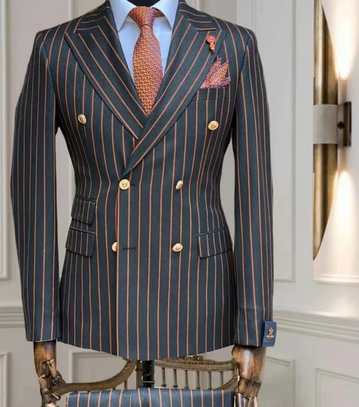 Set Blazer bisnis motif garis-garis pria, mantel Pria Bisnis 2 potong dengan celana dua baris, jaket gaya Inggris