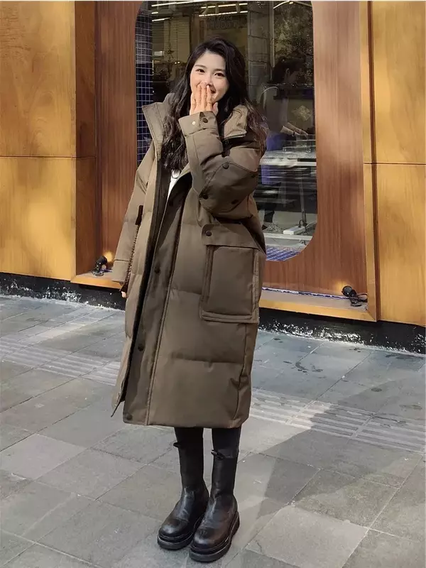 Long Parkas Women Loose Casual Zip-up Winter Down Cotton Coat Female Students Hooded  Retro Windproof  Snow Outwear R198