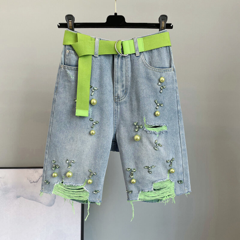 Zielony diament poszarpane dziury jeansowe szorty damskie z wysokim stanem z luźnymi krótkie spodnie spodnie na lato damską odzież
