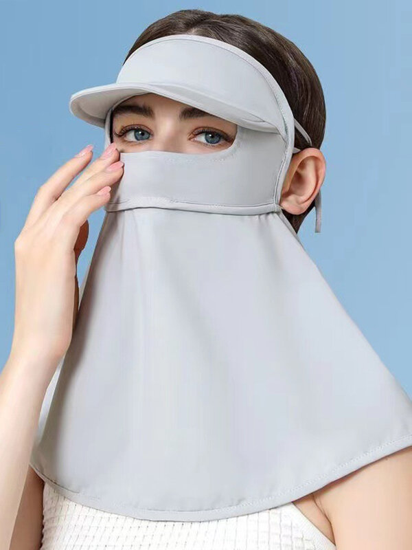 UPF50ฤดูร้อน + หมวกหน้ากากกรองแสงกลางแจ้งผู้หญิง facekini ป้องกันรังสีอัลตราไวโอเลตผ้าไหมน้ำแข็งระบายอากาศแบบบางสีดำสีเทา