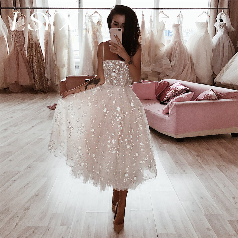 LSYX Elegent Shiny Star Tulle Sleeveless Short Wedding Dress Spaghetti Straps Tea Length Zipper Bridal Gown Custom Made
