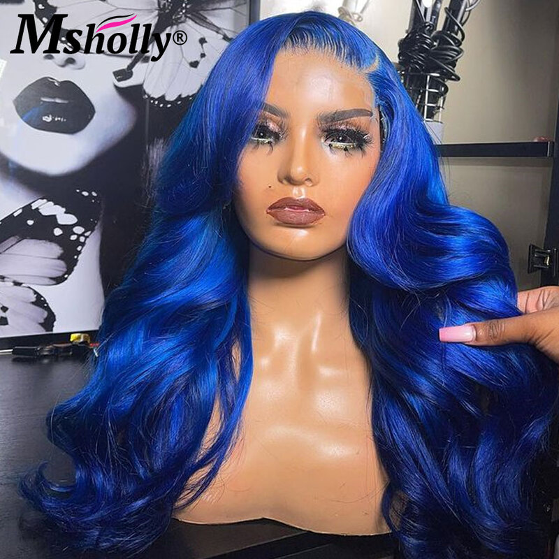 Granatowe peruka z lokami ludzkie włosy bezklejowe ciemne w niebieskim kolorze 13x6 HD przezroczysta koronka z przodu peruki z ludzkimi włosami