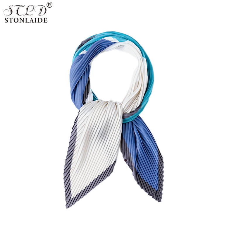 Classy Chic Fashion Color Matching Pleated Square Silk Scarf For Women Spring Ladies Scarves Kerchief Girl Neck Cover Bag Ribbon