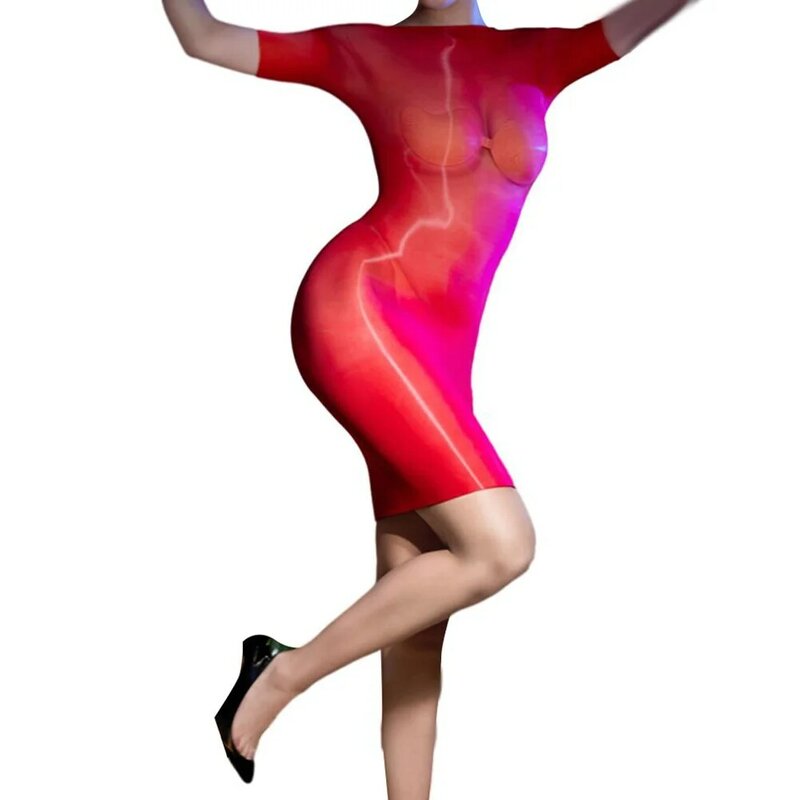 Sexy Women Oil lucido lucido Mini Halter Bodycon collant maglia trasparente trasparente elastico lungo vestito erotico body Night Clubwear