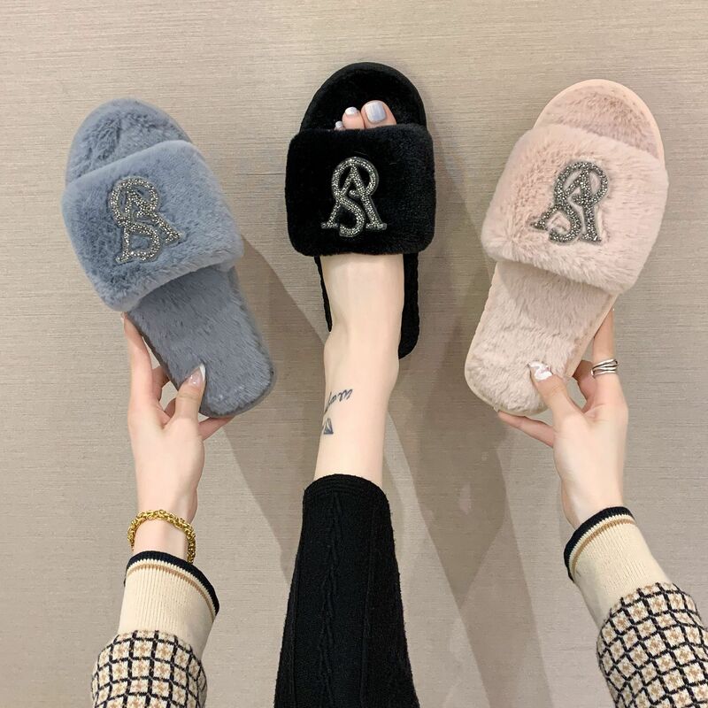 Hairy Cotton Slippers Women Autumn Winter New Warm Footwear Home Bright Diamond Slippers Fashion Outer Wear Women's Light Shoes
