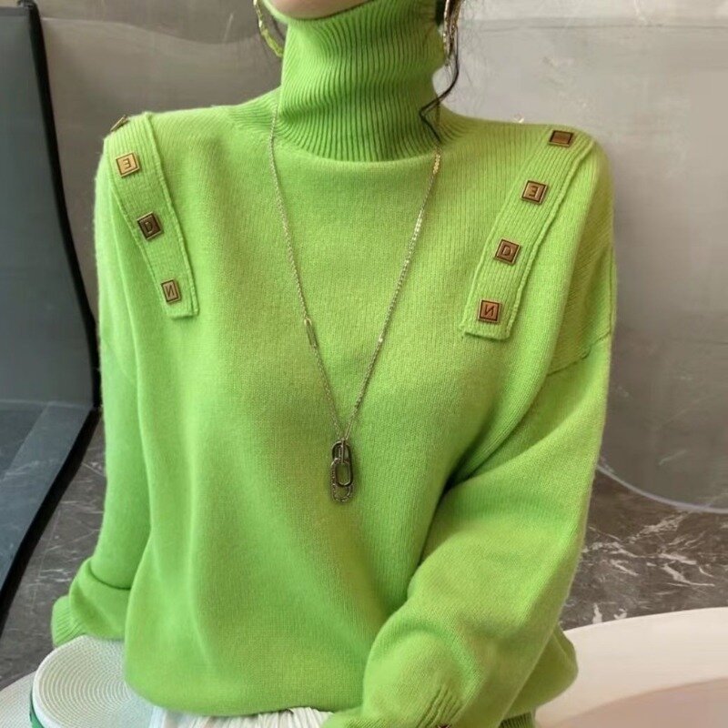 2024 jesień zima nowy francuski styl Retro pasek na ramię metalowa klamra delikatny dzianinowy Top damski uniwersalny sweter na szyję