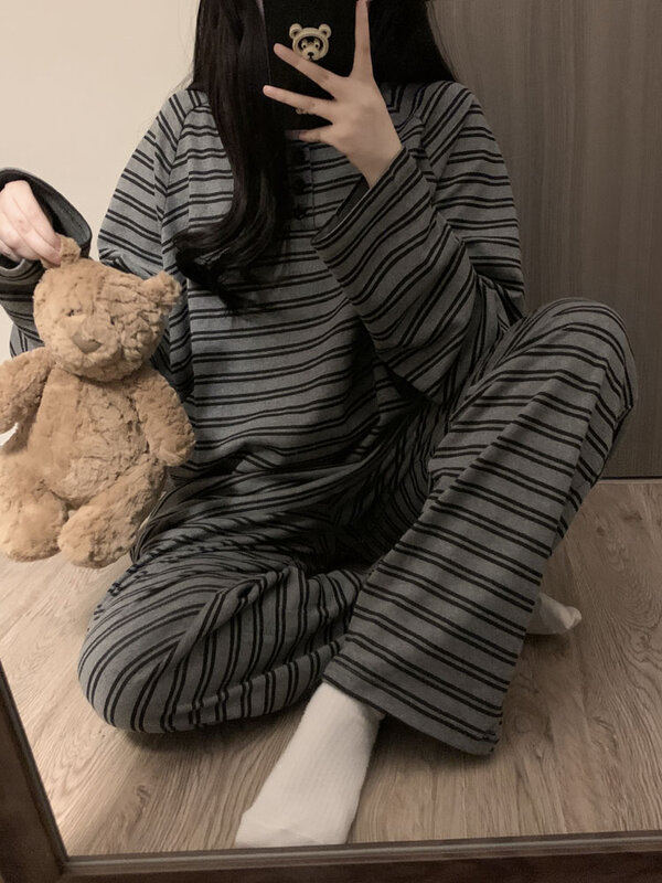 Large size 100kg striped pure cotton long sleeved pajama set for women's spring autumn 2024 new autumn can be worn externally
