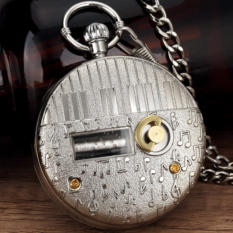FLEXFIL-Reloj de bolsillo con caja de música para hombre y mujer, pulsera de mano de cuarzo con diseño de cielo espacial, de aleación, con manivela, cadena Fob