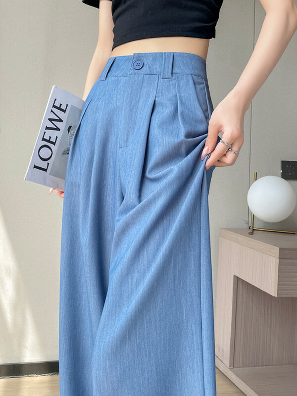 Summer Soft High Waist Slim Straight Casual Female Wide Leg Pants New Basic Office Ladies Fashion Solid Color Loose Women Pants