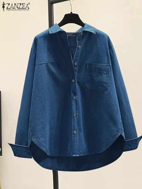 ZANZEA-Blusa jeans de manga comprida feminina, camisa casual solta, tops de bolso costurado, túnicas de trabalho grandes, moda, verão e primavera, 2024