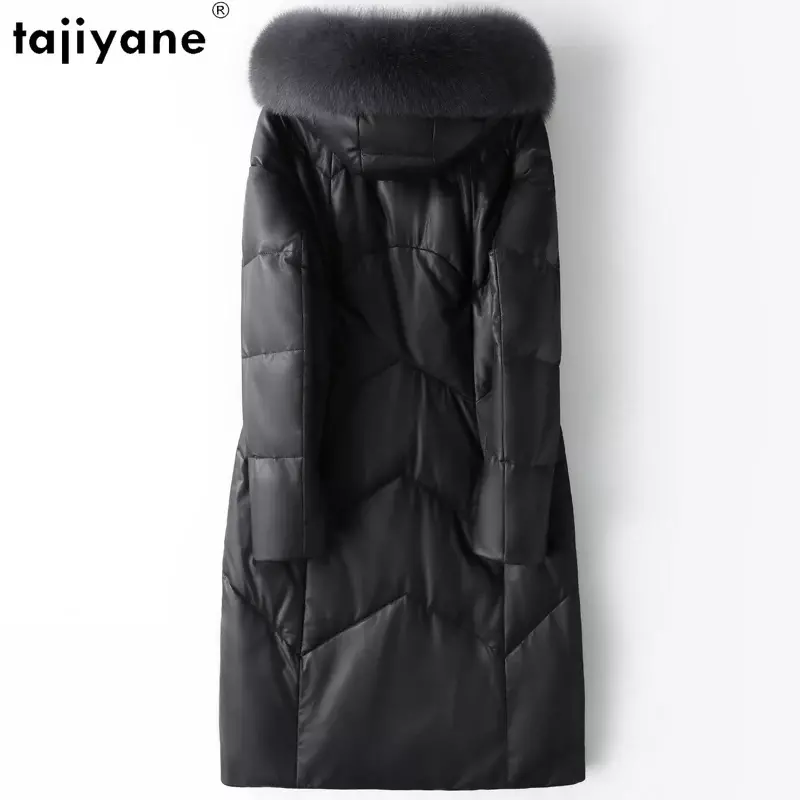 Tajiyane-Veste en cuir de mouton 100% véritable pour femme, manteau en duvet de canard blanc, col en fourrure de renard à capuche, parkas chaudes mi-longues, hiver 2023