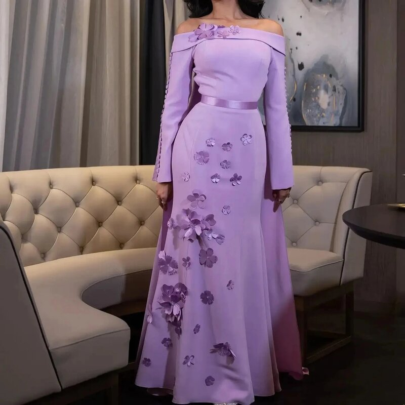 Vestidos de Noche elegantes con Manchas púrpuras, vestidos de graduación de lujo, alta calidad, hombros descubiertos, línea A, flores hechas a mano, ML-102 personalizado