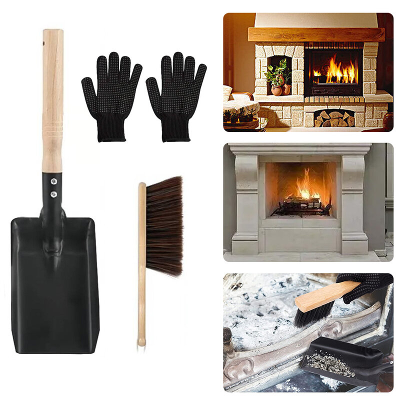 Juego de limpieza de chimenea para el hogar, Kit de herramientas de cepillo para estufa de cenizas, guantes de barbacoa, carbón, parrilla de cocina de Metal limpio, herramienta de cuchara para el hogar