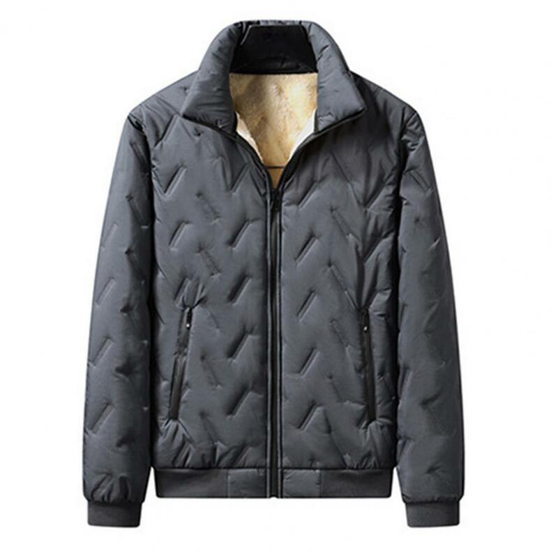 Insulated Jacket Men's Thick Plush Padded Winter Jacket with Stand Collar Zipper Closure Windproof Mid Length Coat for Fall