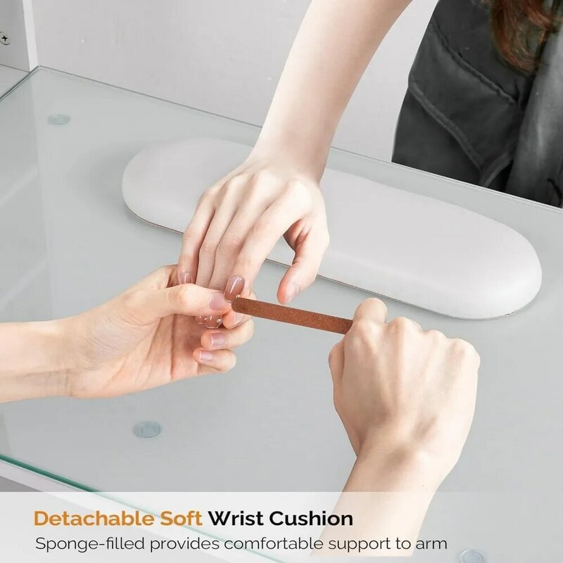 Manicure Table Nail Desk for Nail Tech w/Glass Top & Wrist Rest, Beauty Salon Nail Supplies Decor Workstation Acetone Resistant