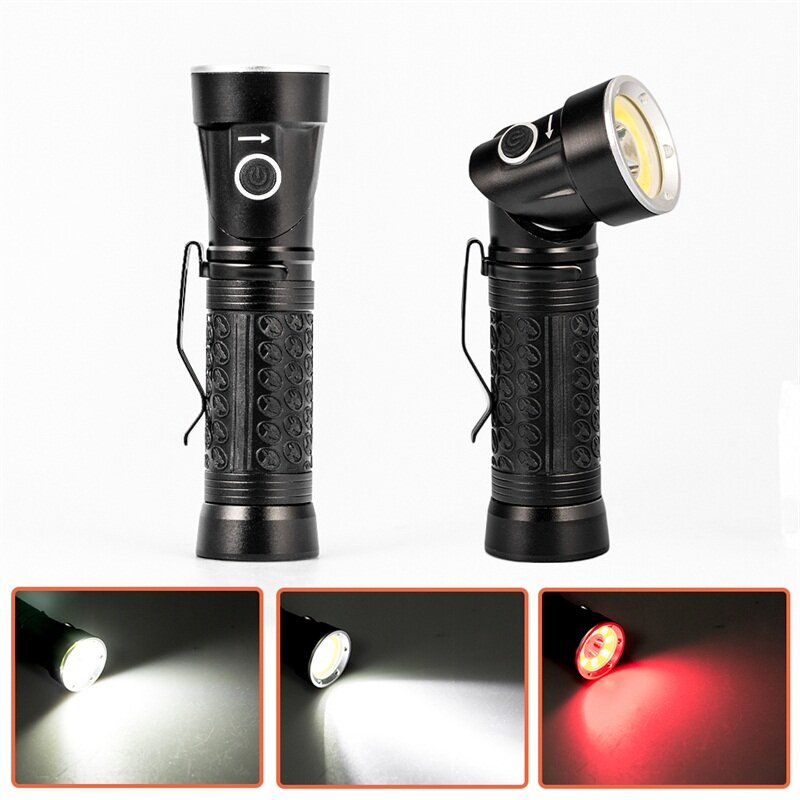 T6 COB 90 Degree Folding Strong Light Work Light 1000lm Red White Torch Rechargeable Flashlight Camping Hiking Adventure Light