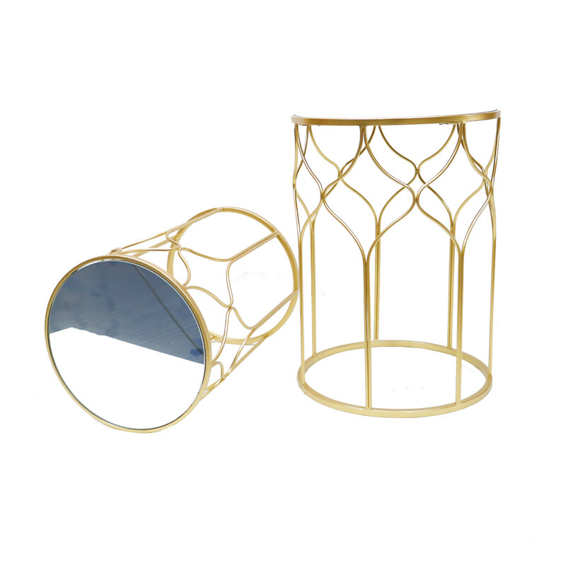 Moderne Gold Metall Rattan Set Von 2 Marmor Runde Seite Kaffee Tisch Luxus Dekorative Gespiegelt Konsole Tisch Für Outdoor Garten