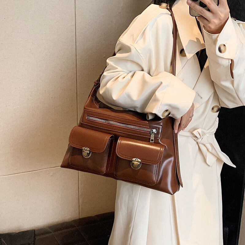 Женские Сумки из искусственной кожи в стиле ретро, модные трендовые вместительные сумки-тоуты с несколькими карманами, сумка через плечо для пожилых людей